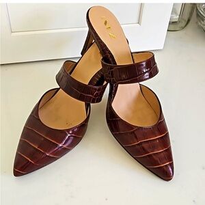 Brown Crocodile Embossed Leather Heeled Mules - New with box and dust bag